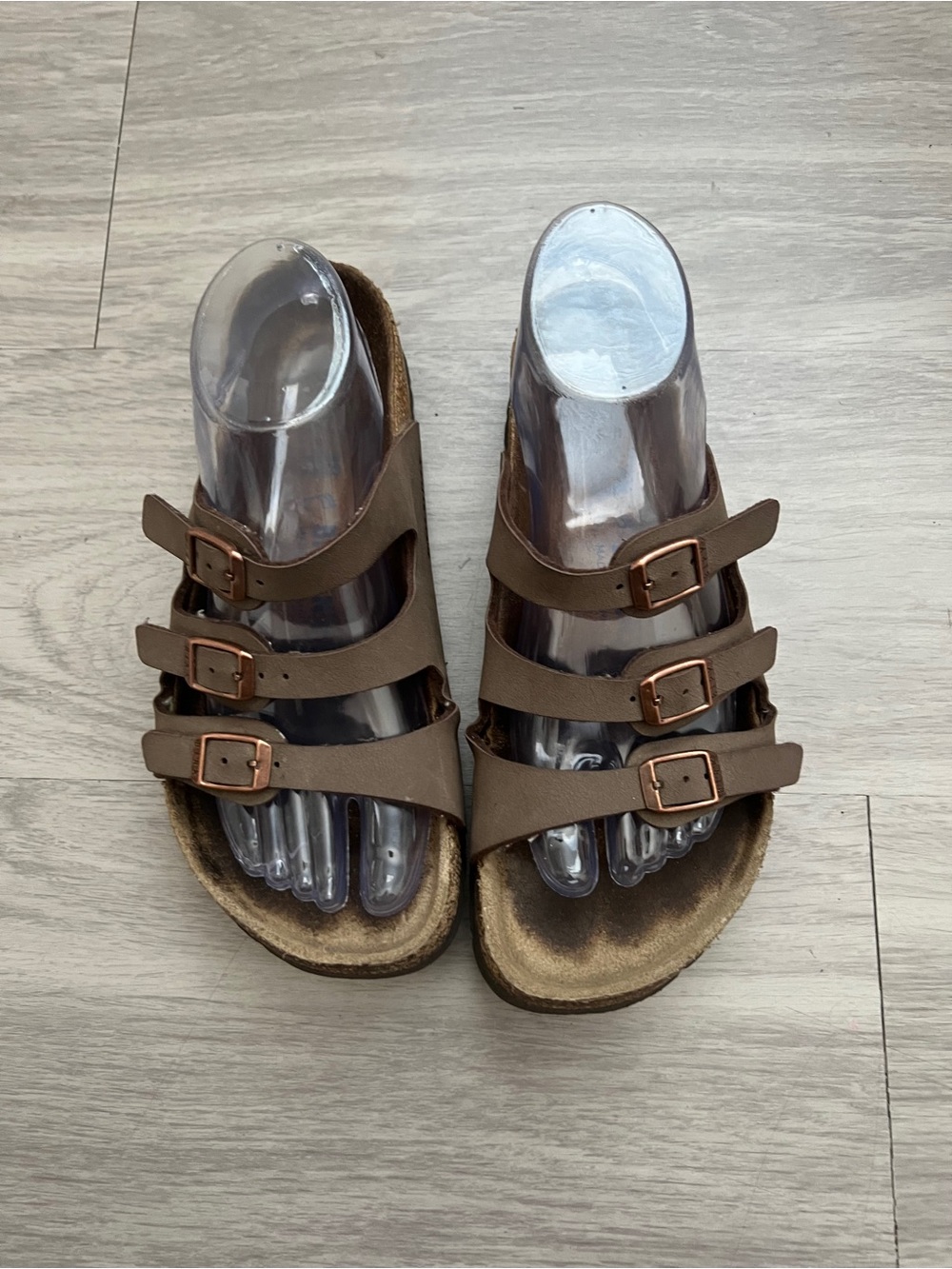 Birkenstock Florida Sandals EU 38 Brown Triple Strap Rose Gold Buckles